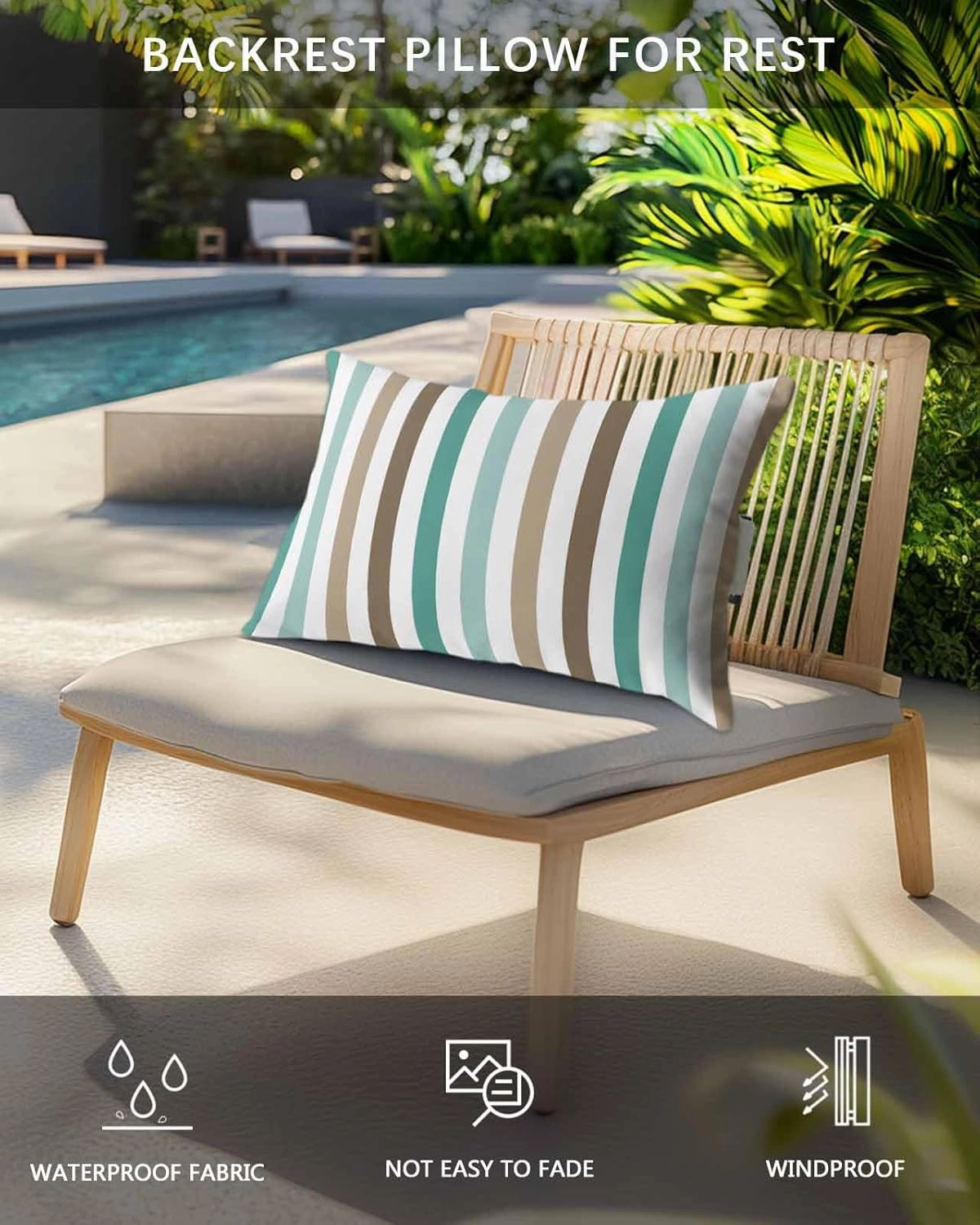 Striped Outdoor Head Resting Pillows with Insert Gradient Teal Brown Minimalist Vertical Striped 1 Pack Waterproof Lumbar Pillows with Adjustable Elastic Strap for Patio Chaise Beach Chair, 11”x16”