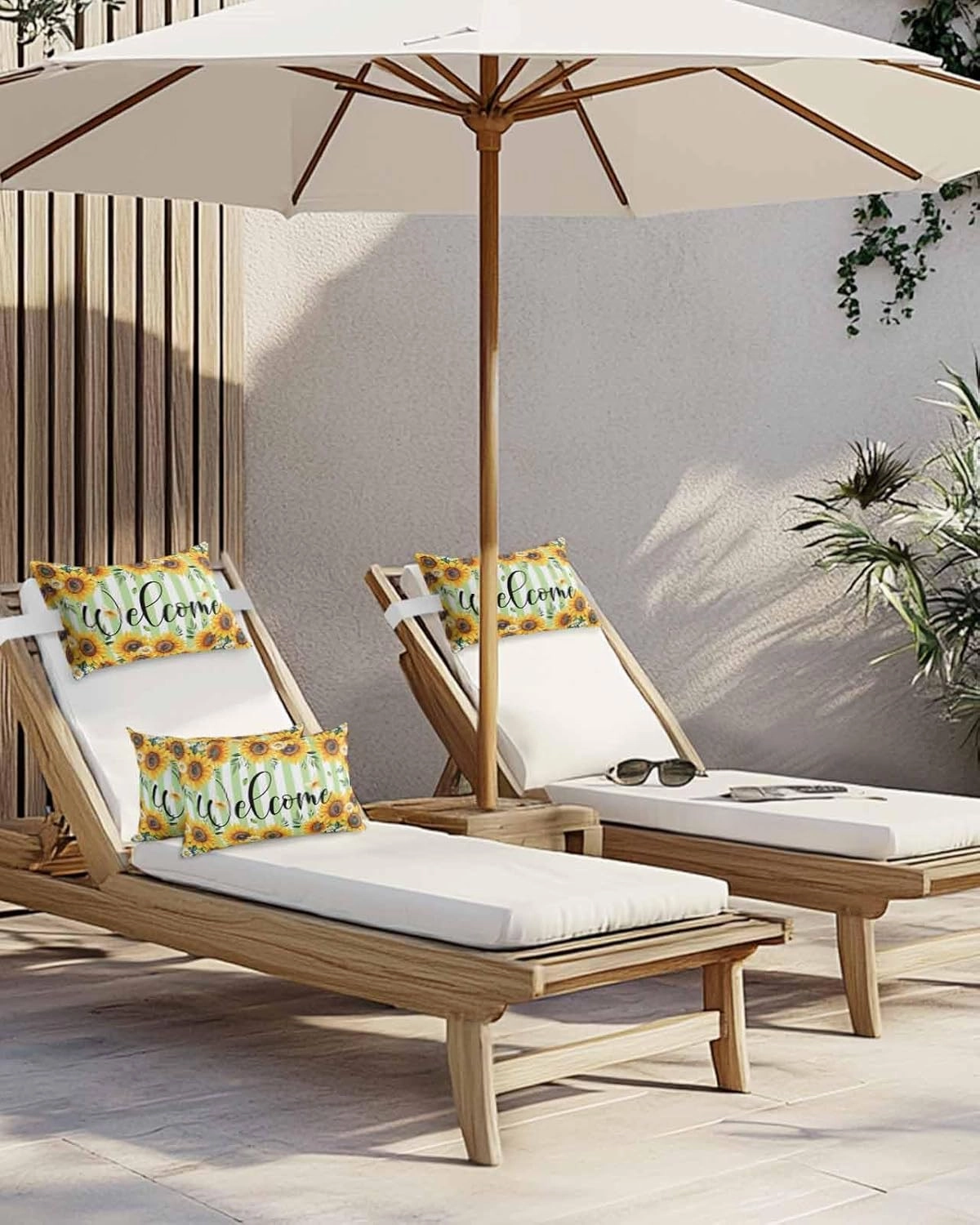 Striped Outdoor Head Resting Pillows with Insert Summer Sunflower Welcome Daisy Leaf Green White 2 Pack Waterproof Lumbar Pillows with Adjustable Elastic Strap for Patio Chaise Beach Chair, 12”x20”