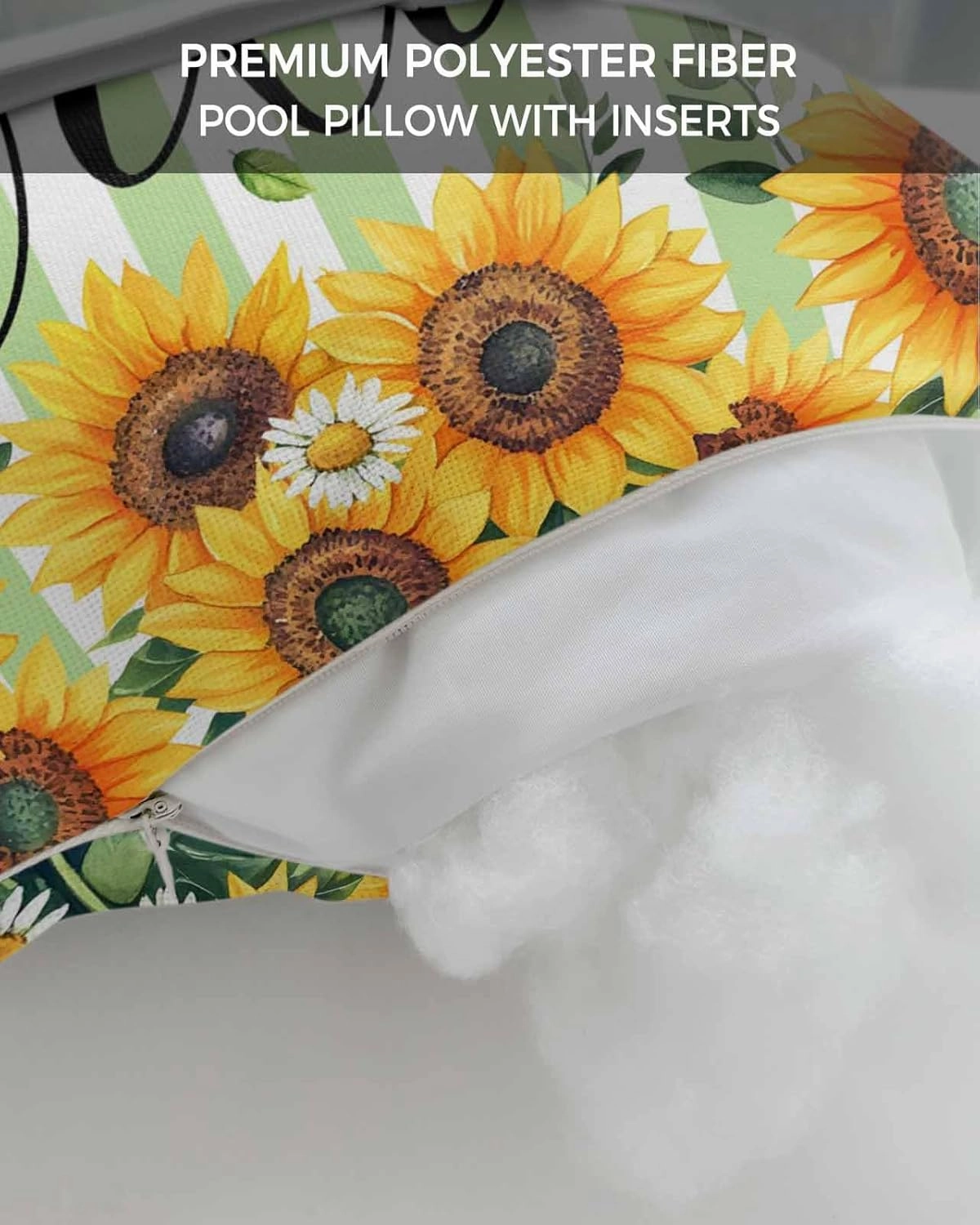 Striped Outdoor Head Resting Pillows with Insert Summer Sunflower Welcome Daisy Leaf Green White 2 Pack Waterproof Lumbar Pillows with Adjustable Elastic Strap for Patio Chaise Beach Chair, 12”x20”