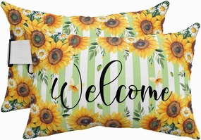 Striped Outdoor Head Resting Pillows with Insert Summer Sunflower Welcome Daisy Leaf Green White 2 Pack Waterproof Lumbar Pillows with Adjustable Elastic Strap for Patio Chaise Beach Chair, 12”x20”