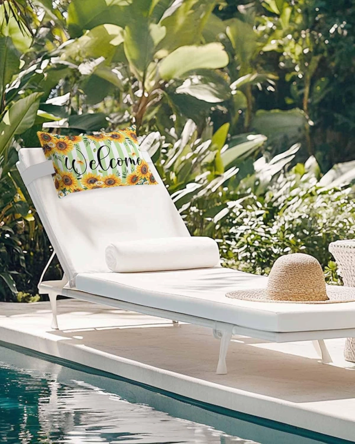 Striped Outdoor Head Resting Pillows with Insert Summer Sunflower Welcome Daisy Leaf Green White 2 Pack Waterproof Lumbar Pillows with Adjustable Elastic Strap for Patio Chaise Beach Chair, 12”x20”