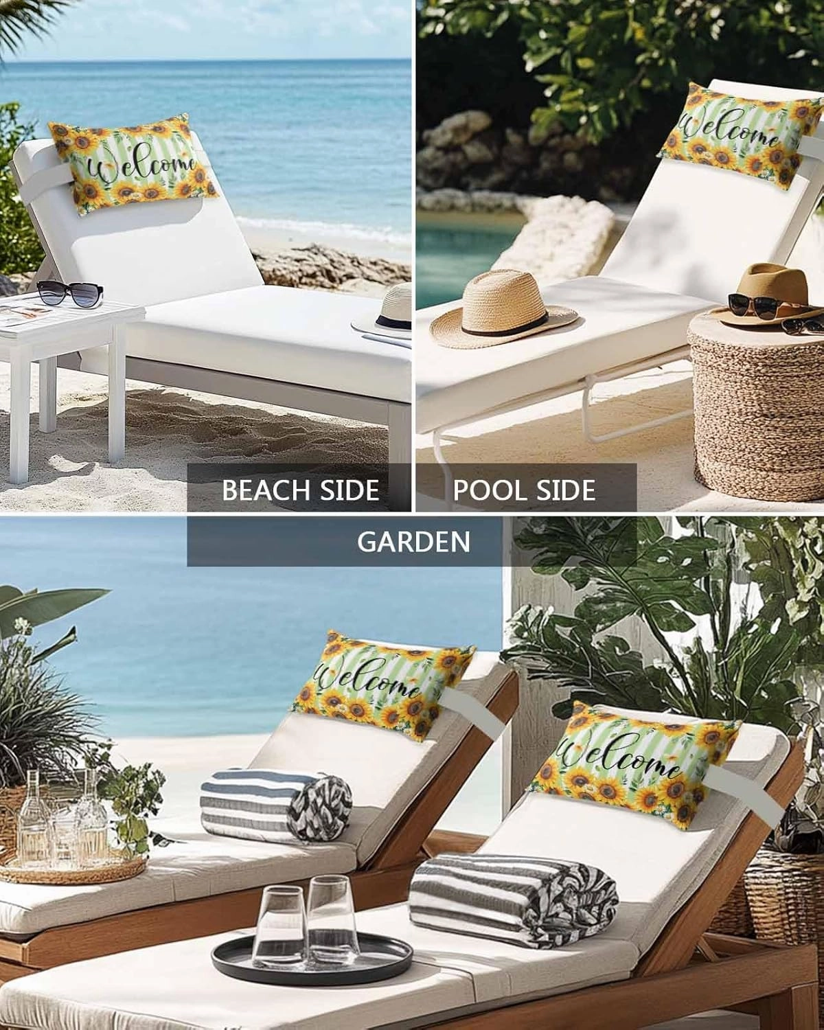 Striped Outdoor Head Resting Pillows with Insert Summer Sunflower Welcome Daisy Leaf Green White 2 Pack Waterproof Lumbar Pillows with Adjustable Elastic Strap for Patio Chaise Beach Chair, 12”x20”