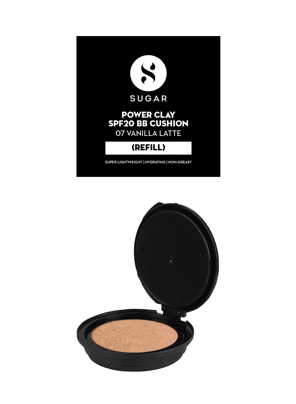 Sugar Cosmetics Power Clay SPF20 BB Cushion (Refill) 07 Vanilla Latte (light shade with golden undertone) Hydrating formula, matte finish, SPF 20, Sun Protection