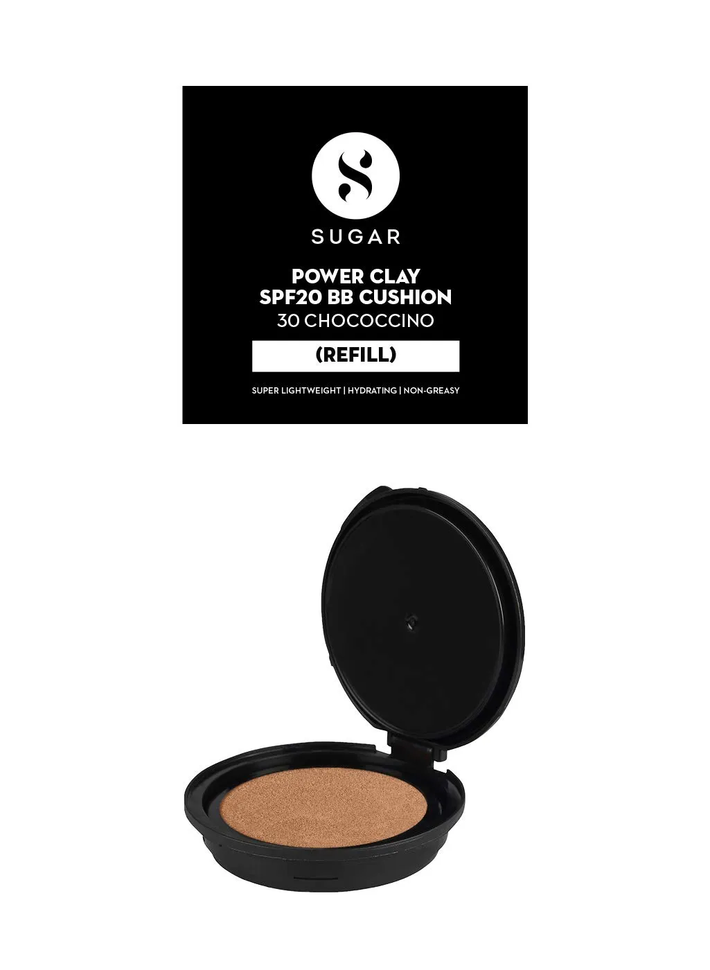 SUGAR Cosmetics Power Clay SPF20 BB Cushion (Refill) 30 Chococcino (Medium, Warm Undertone) Hydrating formula, matte finish, SPF 20, Sun Protection