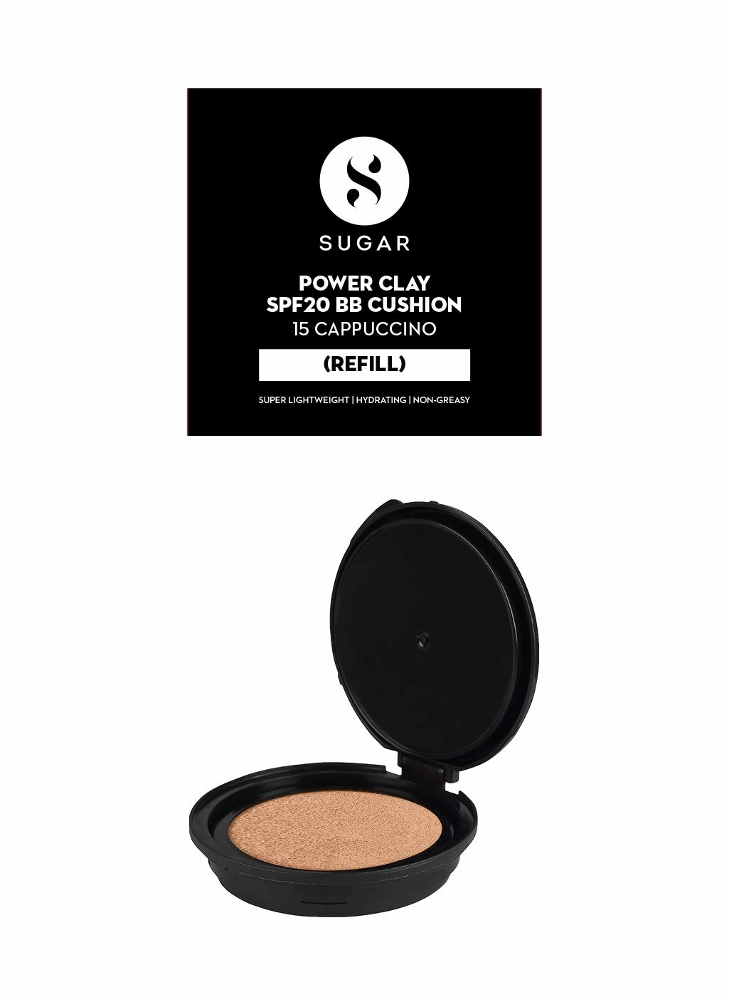 Sugar Cosmetics Power Clay SPF20 BB Cushion (Refill)15 Cappuccino (Light, Cool Undertone) Hydrating formula, matte finish, SPF 20, Sun Protection