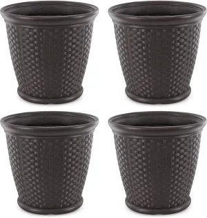 Suncast Sonora 4 Pack 22 Inch Plastic Wicker Indoor or Outdoor Decorative Garden Flower Planter for Entryways, Porch, and Backyard Patios, Dark Brown