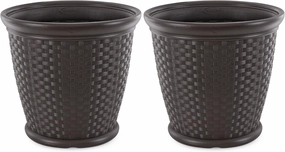 Suncast 2 Pack Sonora 22 Inch Plastic Wicker Indoor or Outdoor Decorative Garden Flower Planter for Entryways, Porch, and Backyard Patios, Dark Brown