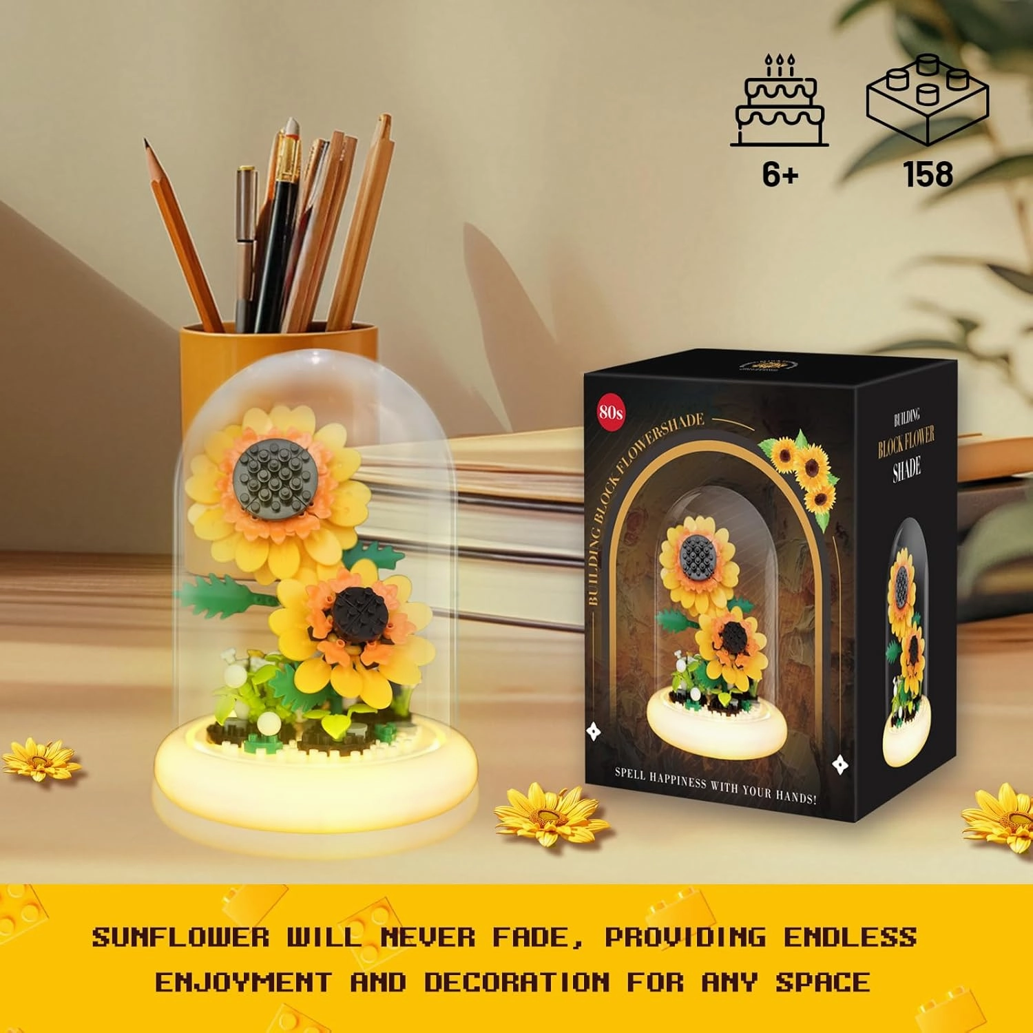 Sunflower Building Toy Set, 251 Pieces with Lighted Base, ABS Dust-Proof Shell, DIY Gift for Kids & Adults, Perfect for Mother’s Day, Birthday, Holiday – Creative Educational Building Blocks