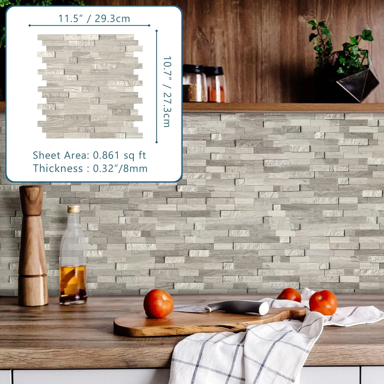 SUNWINGS Peel and Stick Mosaic Natural 3D Stone Self Adhesive Tiles, 12" x 11" 5-Sheet Stick on Backsplash for Kitchen Bathroom Fireplace Vanity, Mixed Tan