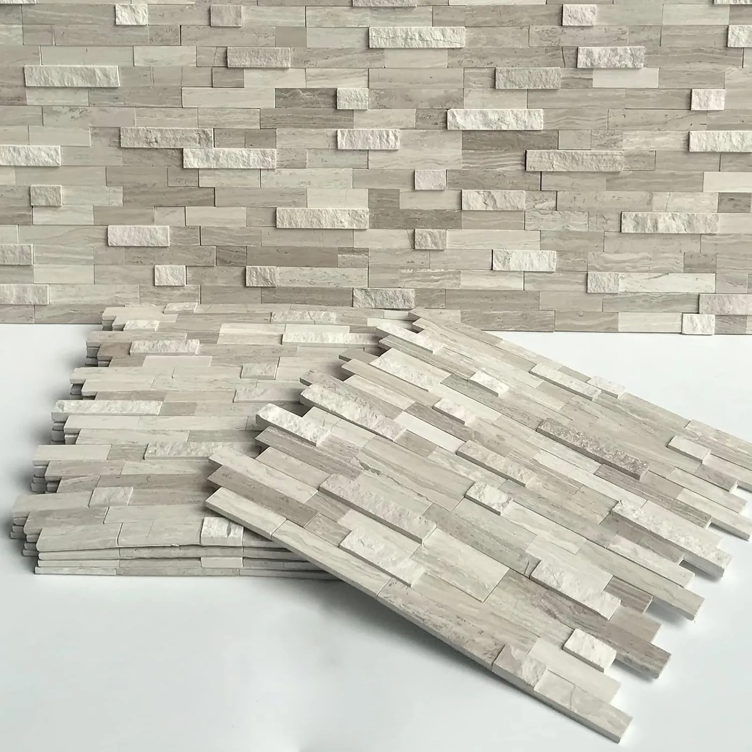 SUNWINGS Peel and Stick Mosaic Natural 3D Stone Self Adhesive Tiles, 12" x 11" 5-Sheet Stick on Backsplash for Kitchen Bathroom Fireplace Vanity, Mixed Tan