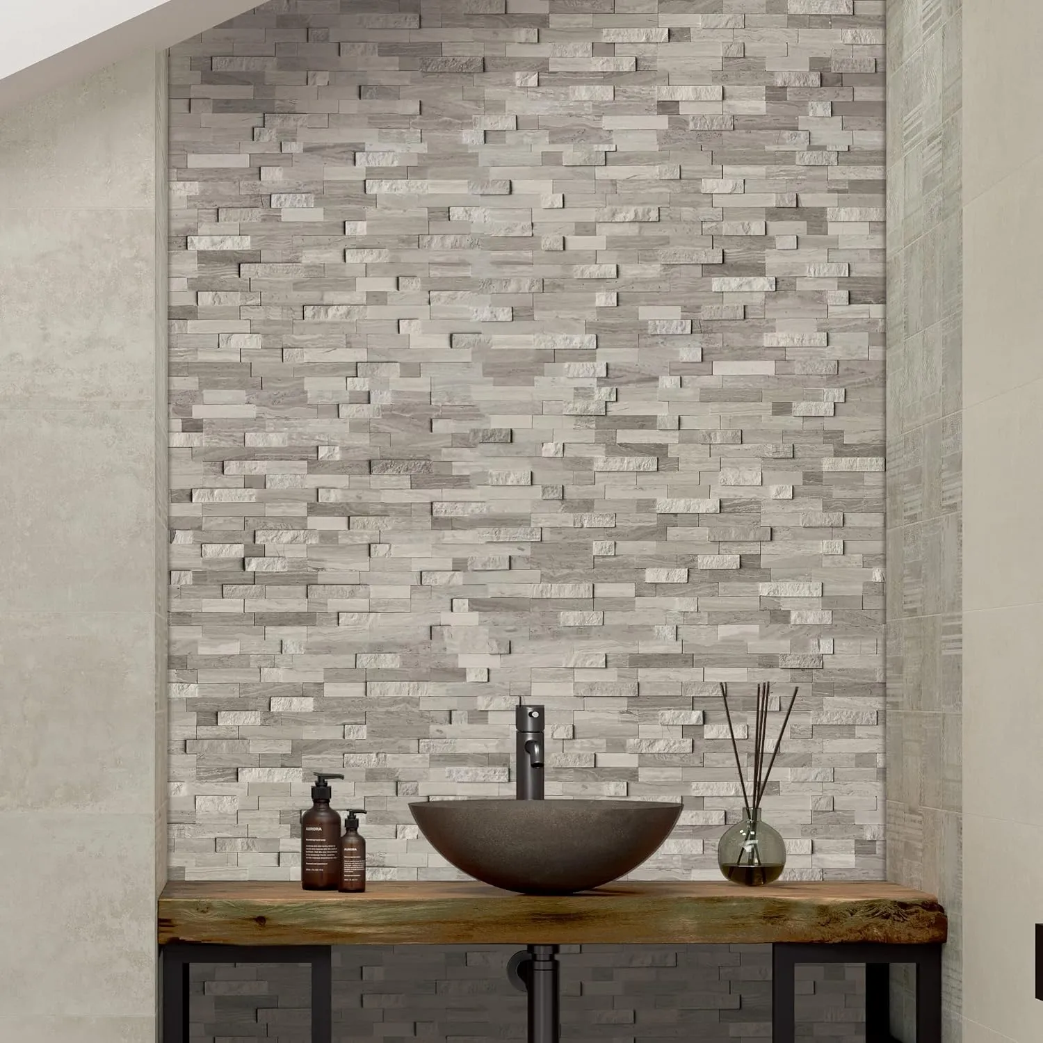 SUNWINGS Peel and Stick Mosaic Natural 3D Stone Self Adhesive Tiles, 12" x 11" 5-Sheet Stick on Backsplash for Kitchen Bathroom Fireplace Vanity, Mixed Tan