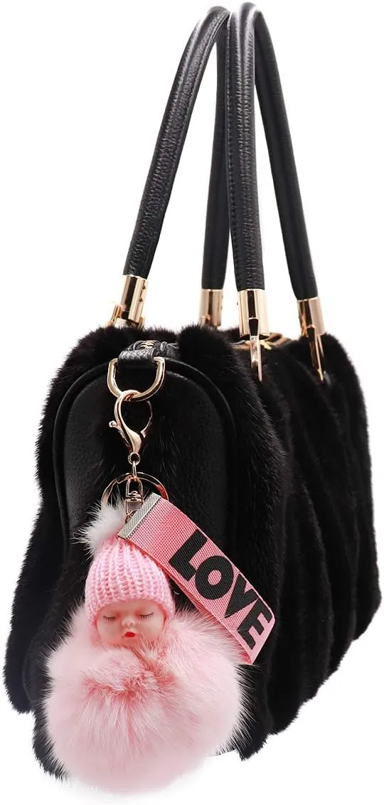 surell - Genuine Fox Fur Baby Keychain with Mink Beanie- Cute Classic Pompom Purse Accessory with Keyring- Fluffy Love Ball
