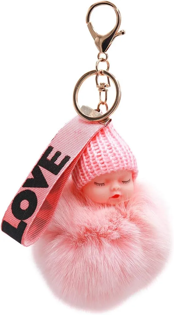 surell - Genuine Fox Fur Baby Keychain with Mink Beanie- Cute Classic Pompom Purse Accessory with Keyring- Fluffy Love Ball