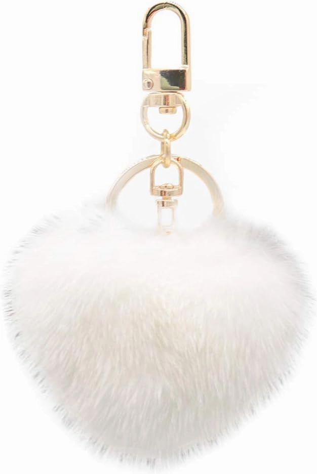 surell Genuine Mink Fur Heart Pom-Pom Keychain - Cute Bag Purse Charm - Ring Fluffy Fur Ball - Fashion Gift (Cream)