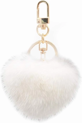 surell Genuine Mink Fur Heart Pom-Pom Keychain - Cute Bag Purse Charm - Ring Fluffy Fur Ball - Fashion Gift (Cream)