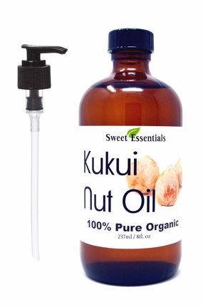 Sweet Essentials 100% Organic Kukui Nut Oil | Imported From Hawaii | Various Sizes | 100% Pure | Cold-Pressed | Natural Moisturizer for Skin, Hair and Face (8 fl oz With Pump)