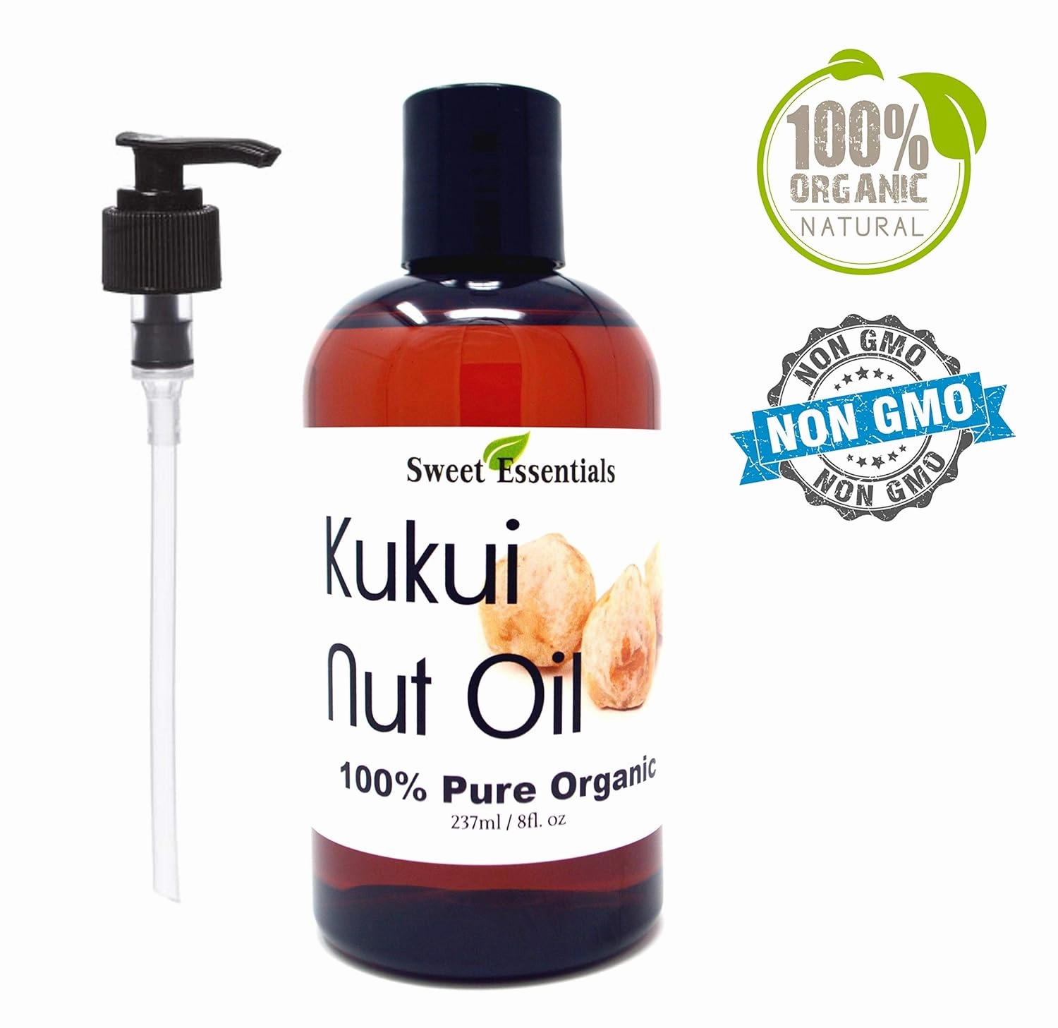 Sweet Essentials 100% Organic Kukui Nut Oil | Imported From Hawaii | Various Sizes | 100% Pure | Cold-Pressed | Natural Moisturizer for Skin, Hair and Face (8 fl oz With Pump)