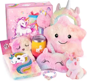 Tacobear Girl Birthday Gift for 6 7 8 9 10 Year Old Toy, 10pcs Unicorn Gift Idea with Light up Star Pillow Plush Diary Tumbler Stuffed Eyemask, Christmas Kid Teen Girl Unicorn Toy Age 6-8
