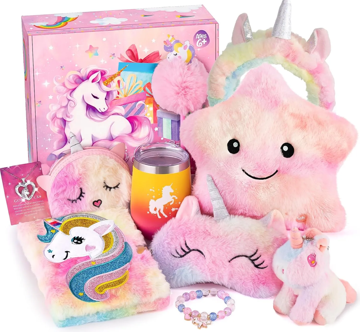 Tacobear Girl Birthday Gift for 6 7 8 9 10 Year Old Toy, 10pcs Unicorn Gift Idea with Light up Star Pillow Plush Diary Tumbler Stuffed Eyemask, Christmas Kid Teen Girl Unicorn Toy Age 6-8