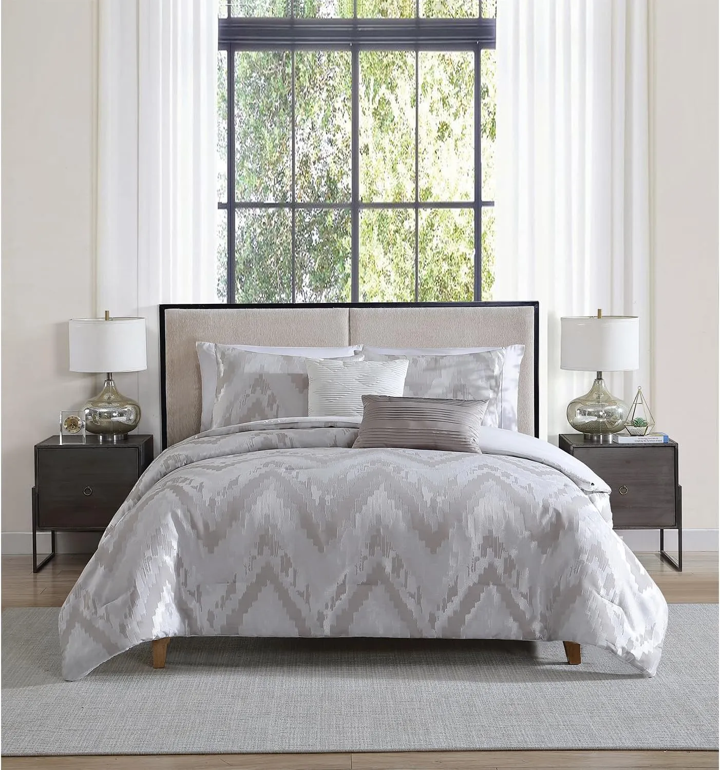 Tahari Home - King Size Comforter, 5-Piece Jacquard Bedding Set with Matching Shams & Decorative Pillows (Lilliana Collection, Light Grey)