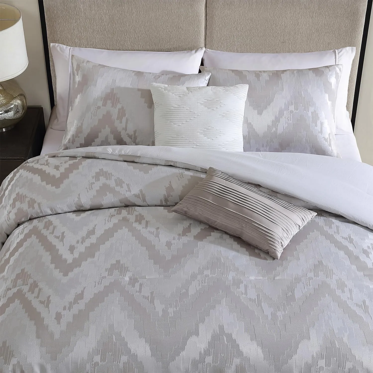 Tahari Home - King Size Comforter, 5-Piece Jacquard Bedding Set with Matching Shams & Decorative Pillows (Lilliana Collection, Light Grey)