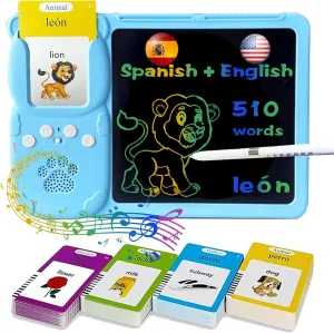Talking English & Spanish Flash Cards - 8" LCD Writing Tablet for Kids 3 4 5 6 7 8 9, Bilingual 510 Sight Words, Toddler Pocket Speech, Drawing Sketch Pad, Autism Toys for Girls (Blue)