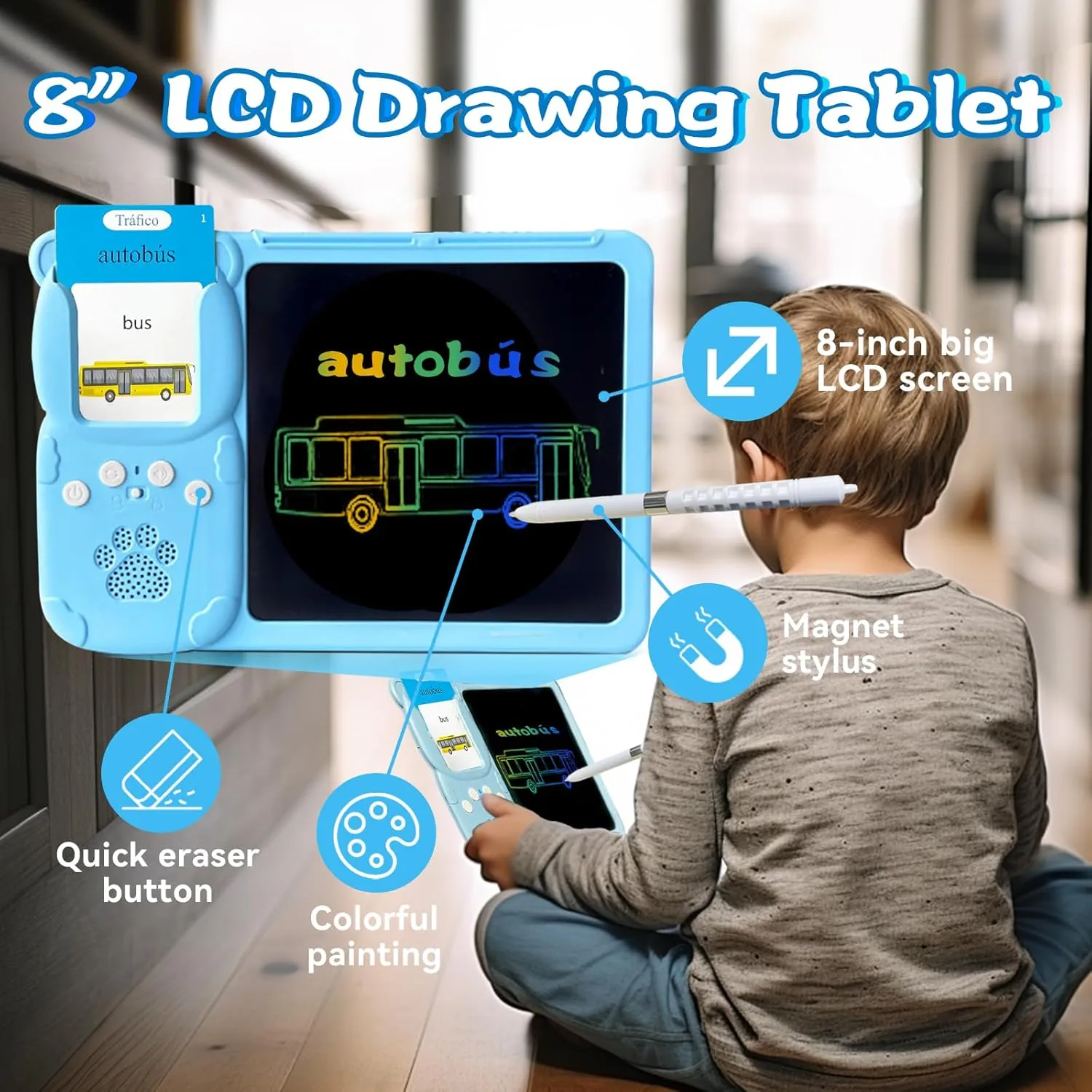Talking English & Spanish Flash Cards - 8" LCD Writing Tablet for Kids 3 4 5 6 7 8 9, Bilingual 510 Sight Words, Toddler Pocket Speech, Drawing Sketch Pad, Autism Toys for Girls (Blue)