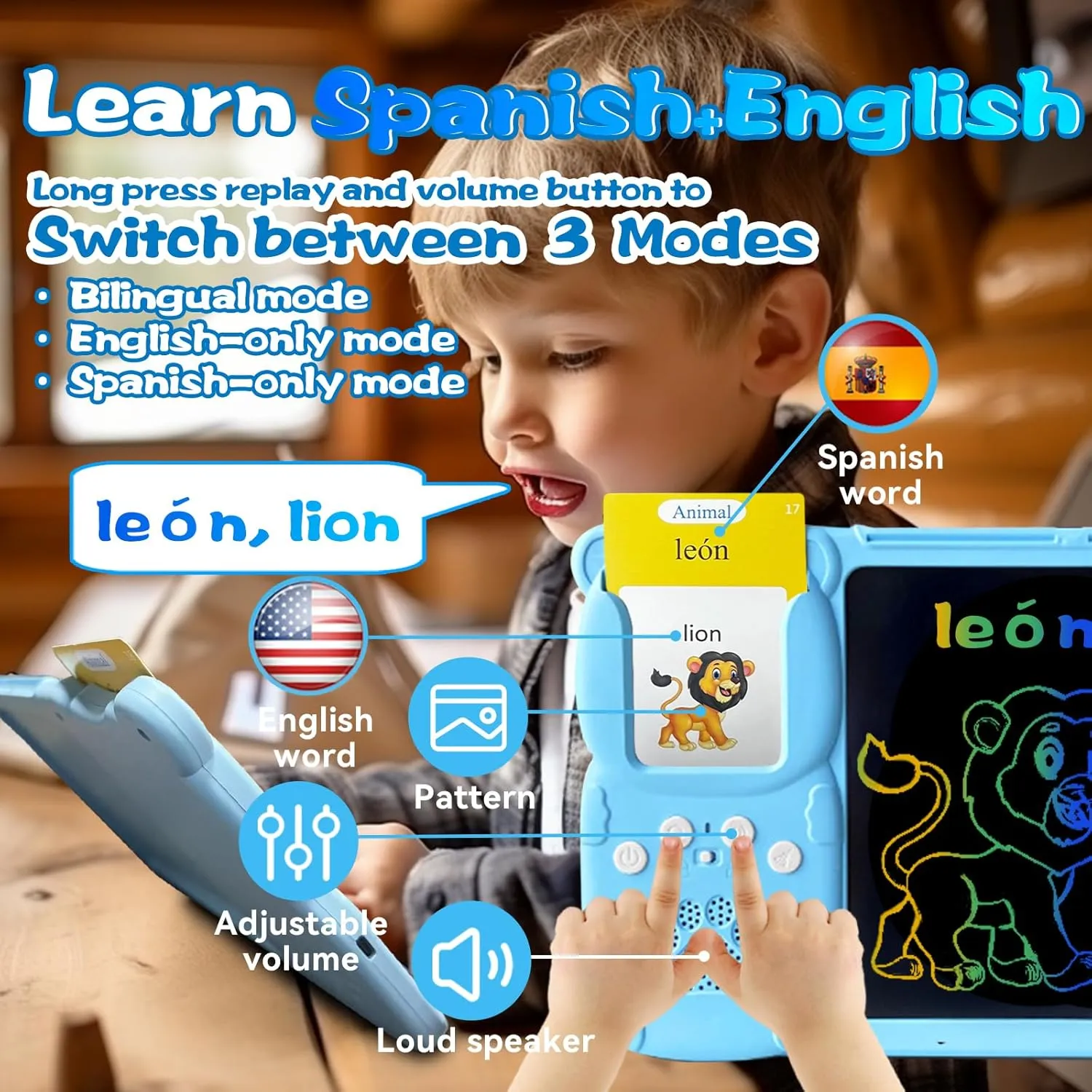 Talking English & Spanish Flash Cards - 8" LCD Writing Tablet for Kids 3 4 5 6 7 8 9, Bilingual 510 Sight Words, Toddler Pocket Speech, Drawing Sketch Pad, Autism Toys for Girls (Blue)