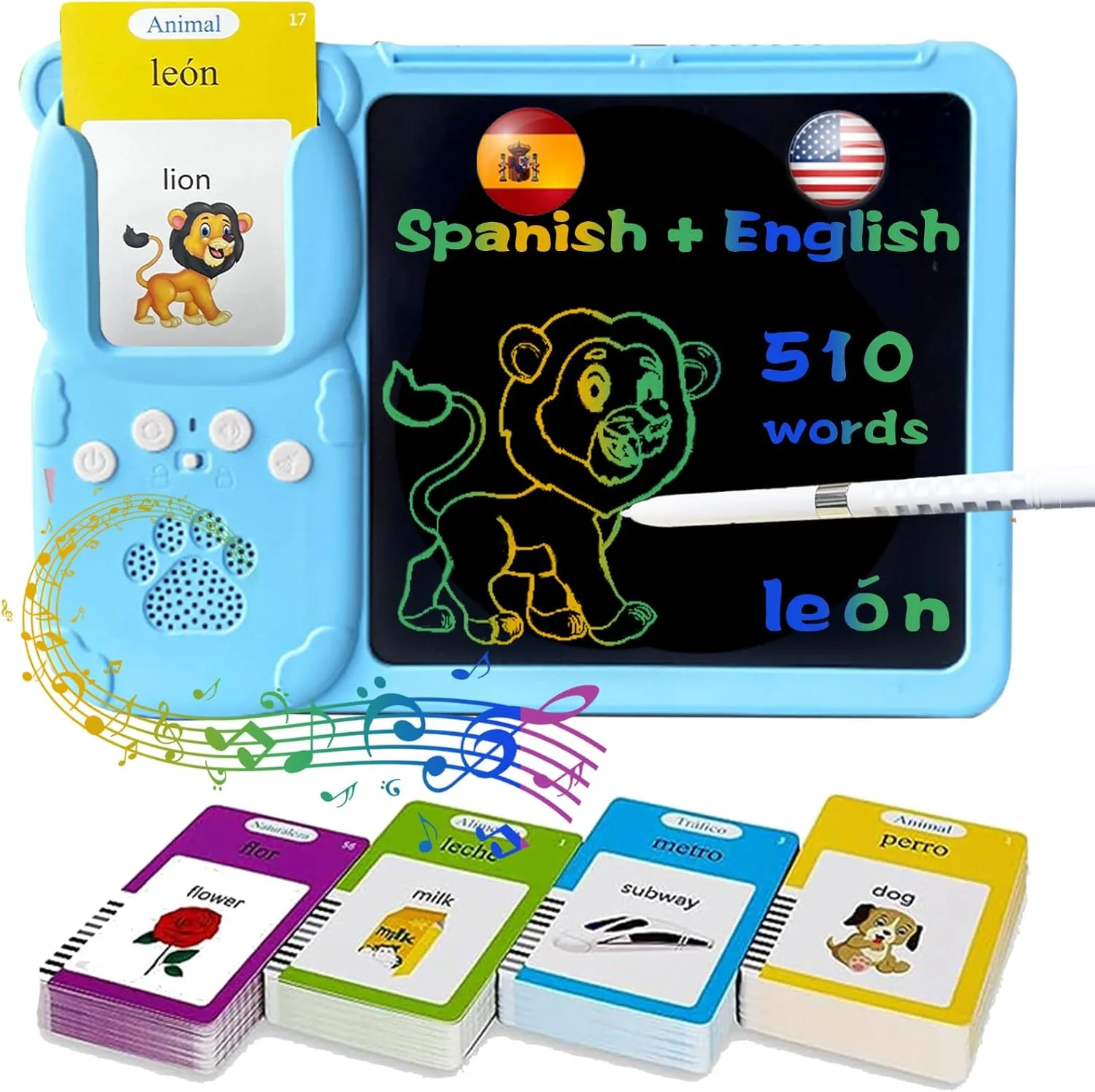Talking English & Spanish Flash Cards - 8" LCD Writing Tablet for Kids 3 4 5 6 7 8 9, Bilingual 510 Sight Words, Toddler Pocket Speech, Drawing Sketch Pad, Autism Toys for Girls (Blue)