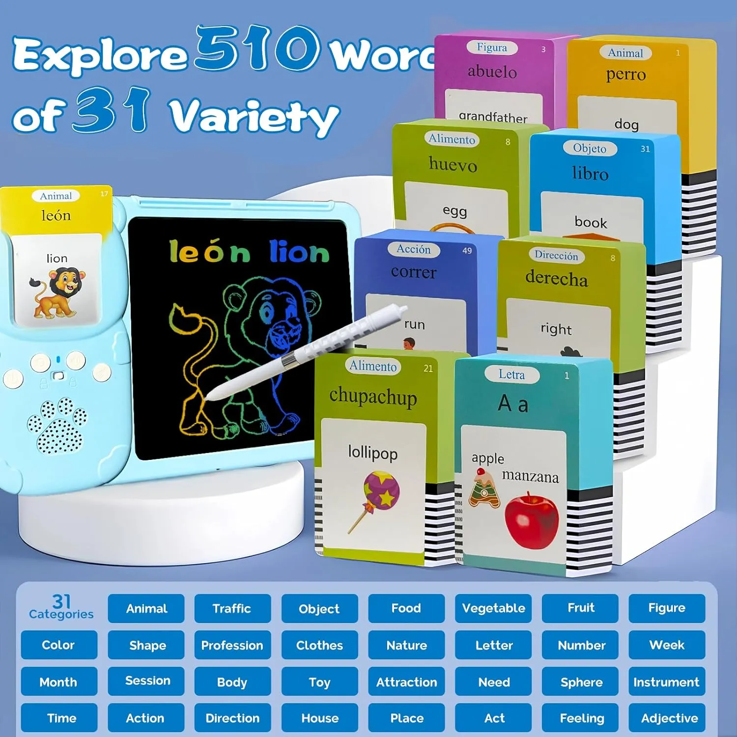 Talking English & Spanish Flash Cards - 8" LCD Writing Tablet for Kids 3 4 5 6 7 8 9, Bilingual 510 Sight Words, Toddler Pocket Speech, Drawing Sketch Pad, Autism Toys for Girls (Blue)