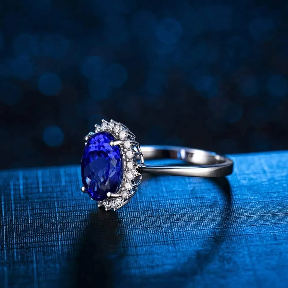 Tanzanite Rings For Women, 14K White Gold Rings - Tanzanite Ring with Diamond, Natural Tanzanite Deep Blue Ring For Couple Engagement Ring
