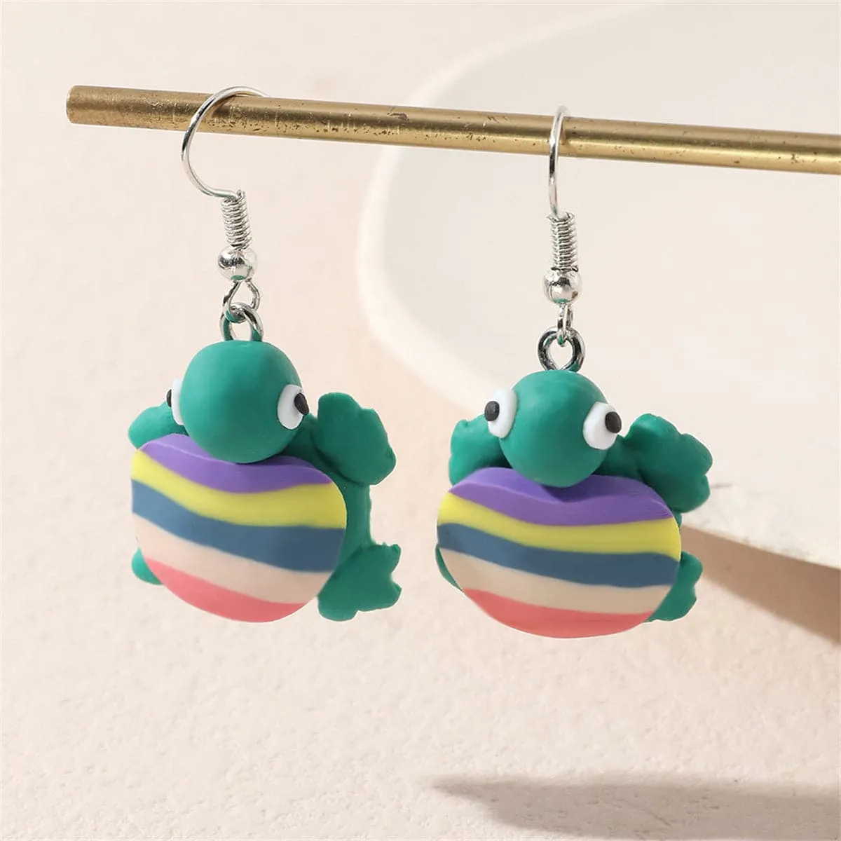 Teal & Pastel Polymer Clay Stripe Turtle Drop Earrings