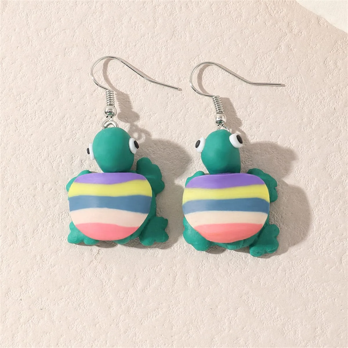 Teal & Pastel Polymer Clay Stripe Turtle Drop Earrings