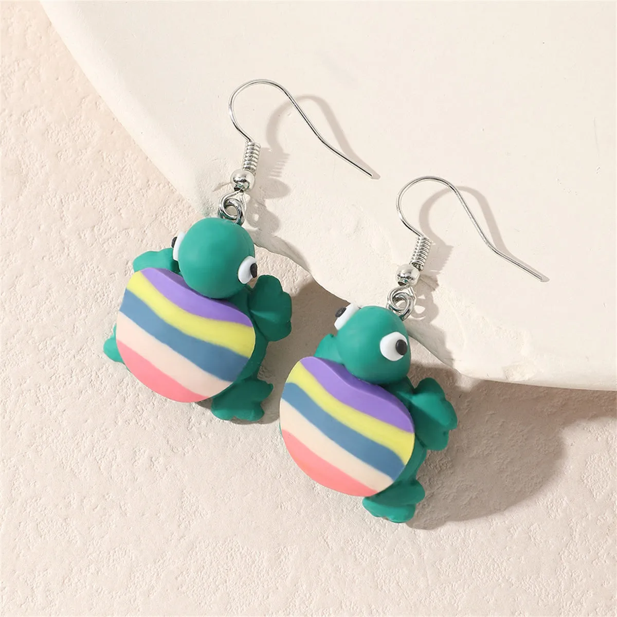 Teal & Pastel Polymer Clay Stripe Turtle Drop Earrings
