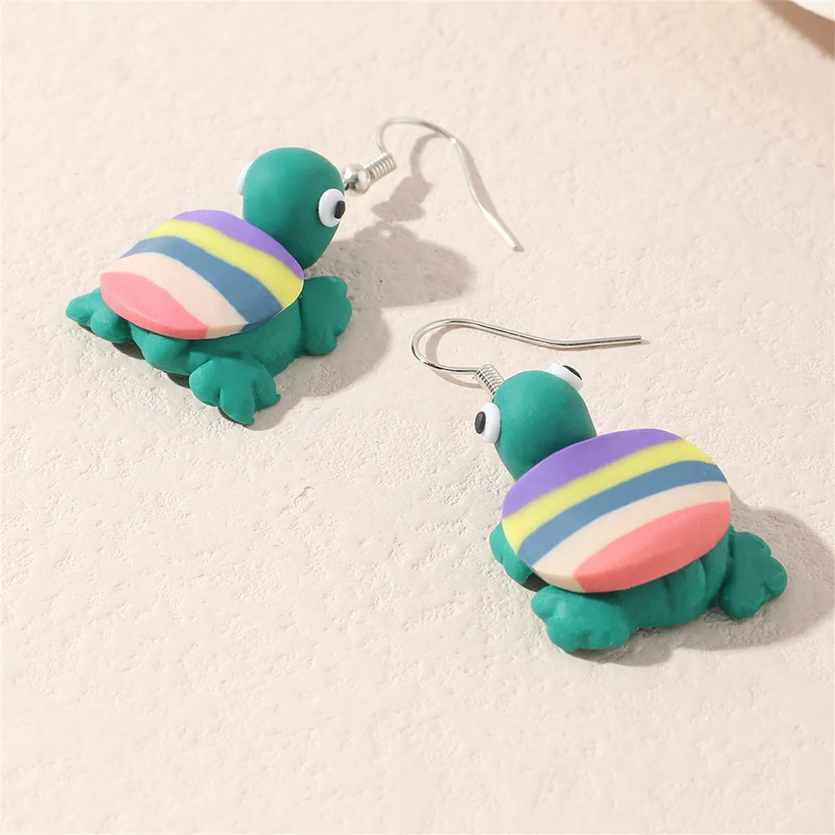 Teal & Pastel Polymer Clay Stripe Turtle Drop Earrings