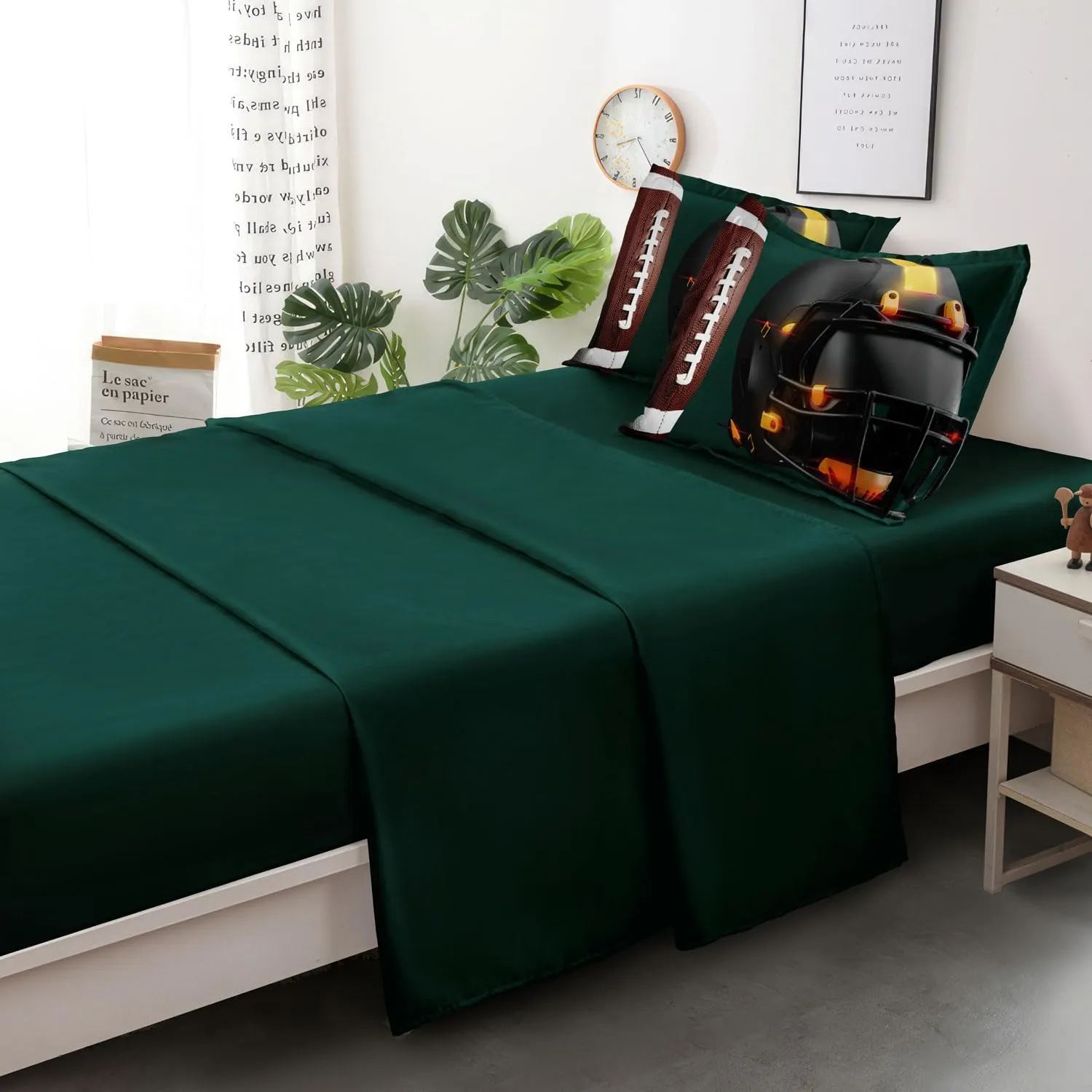 Teen Boy Football Bedding Set Twin Size, 4 Pieces American Football Comforter Set Twin, Kids Sports Bedding Bed in a Bag Set, Green Brown