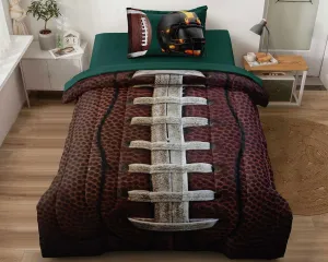 Teen Boy Football Bedding Set Twin Size, 4 Pieces American Football Comforter Set Twin, Kids Sports Bedding Bed in a Bag Set, Green Brown
