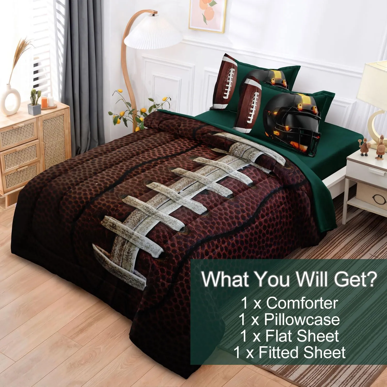 Teen Boy Football Bedding Set Twin Size, 4 Pieces American Football Comforter Set Twin, Kids Sports Bedding Bed in a Bag Set, Green Brown