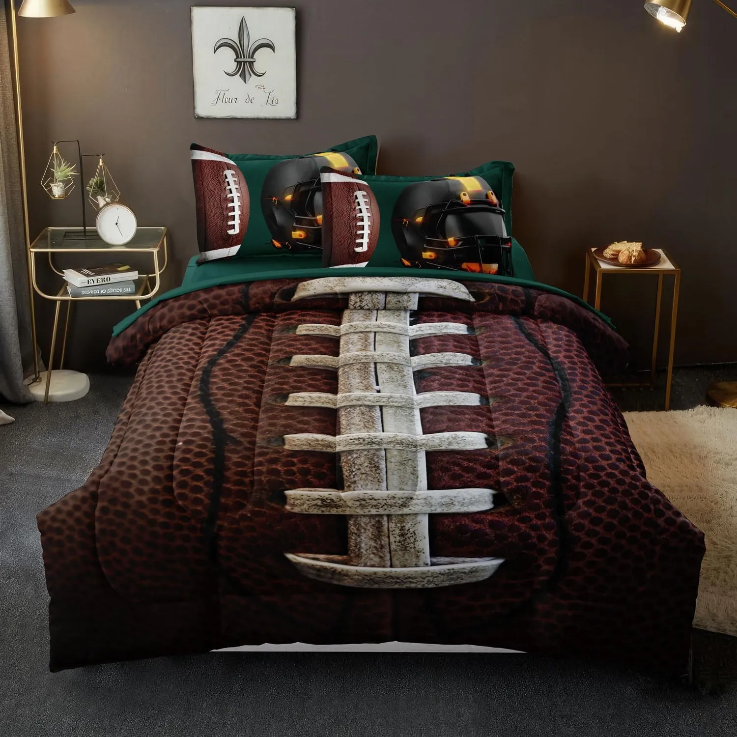 Teen Boy Football Bedding Set Twin Size, 4 Pieces American Football Comforter Set Twin, Kids Sports Bedding Bed in a Bag Set, Green Brown