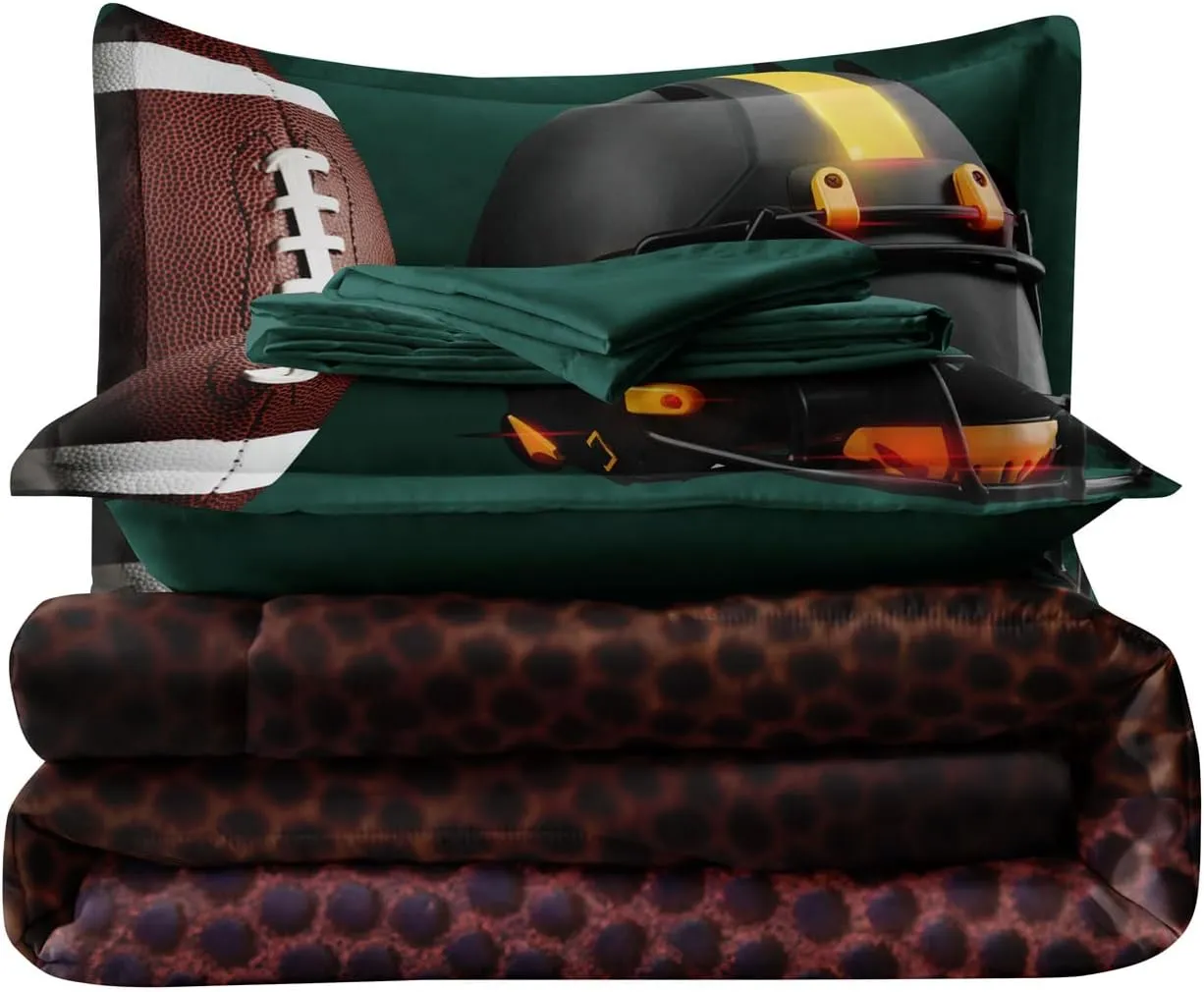 Teen Boy Football Bedding Set Twin Size, 4 Pieces American Football Comforter Set Twin, Kids Sports Bedding Bed in a Bag Set, Green Brown