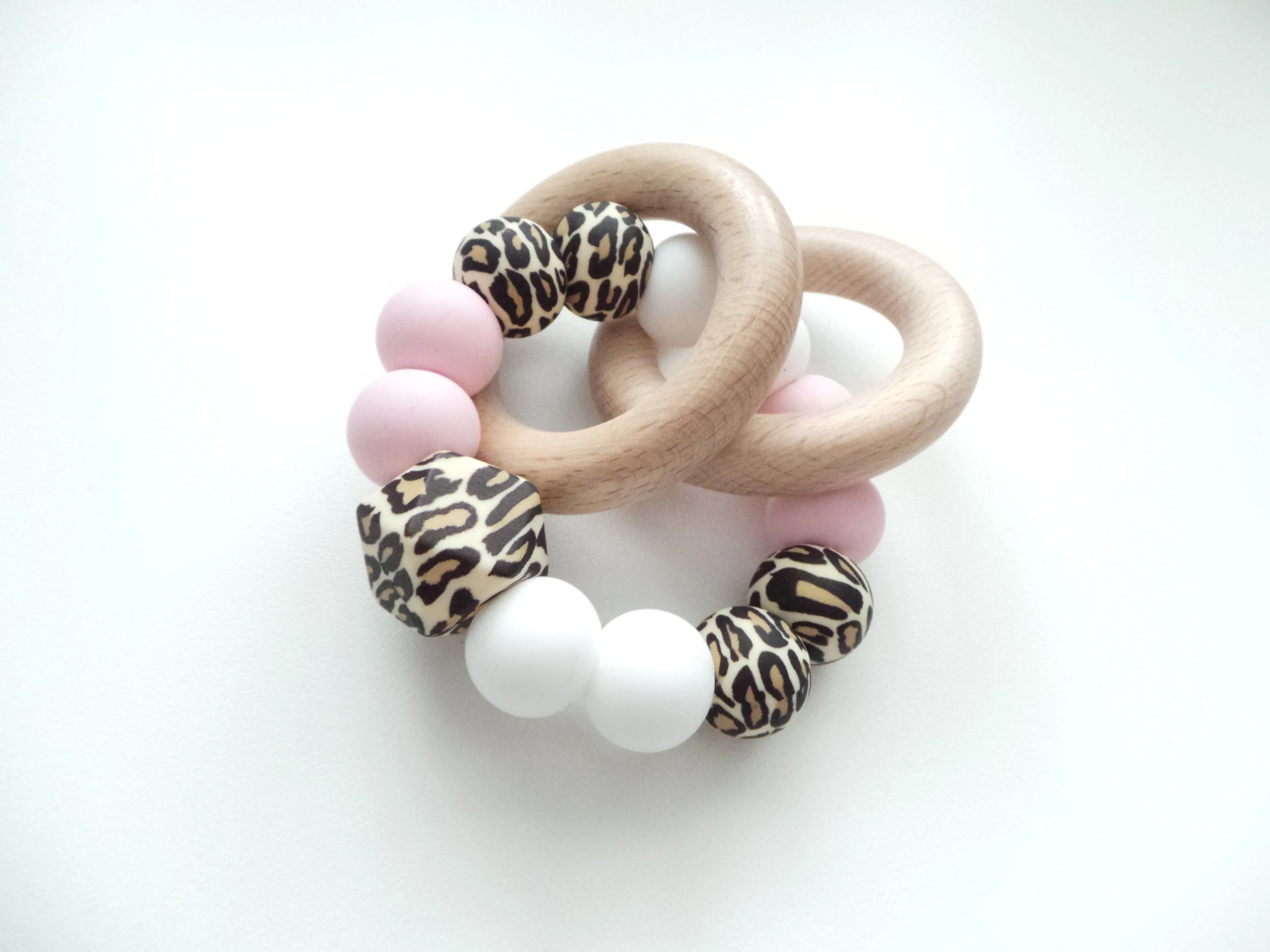 Teething Rattle Toy - Leopard print, Pink & White