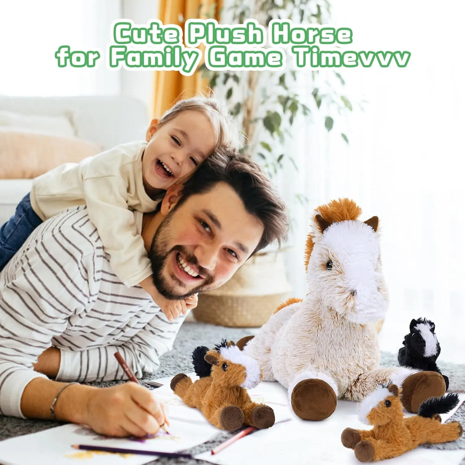Tezituor 4Pcs Horse Stuffed Animal Set, 21inch Large Stuffed Mommy Horse with 4 Babies Pony Toys, Brown Stuffed Pony Plush Pillow Birthday Gift for Boys Girls