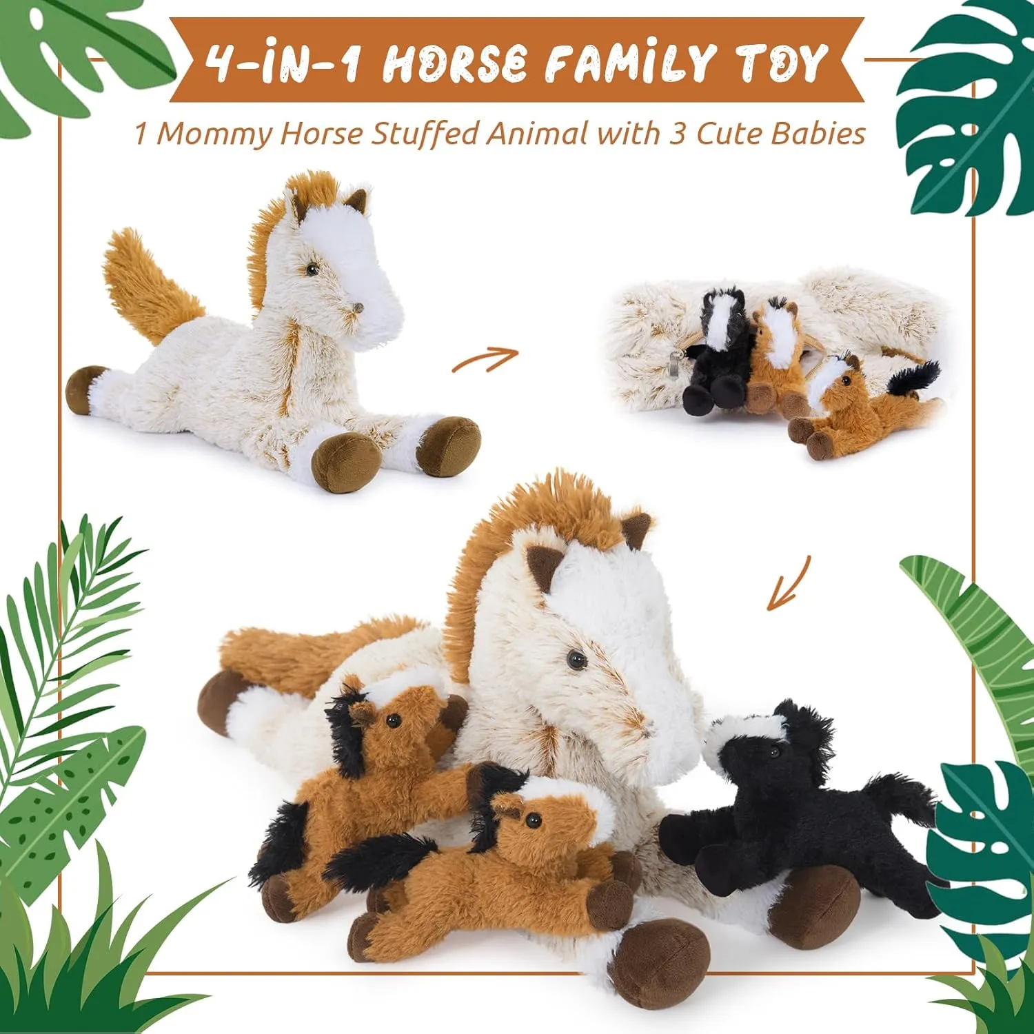Tezituor 4Pcs Horse Stuffed Animal Set, 21inch Large Stuffed Mommy Horse with 4 Babies Pony Toys, Brown Stuffed Pony Plush Pillow Birthday Gift for Boys Girls