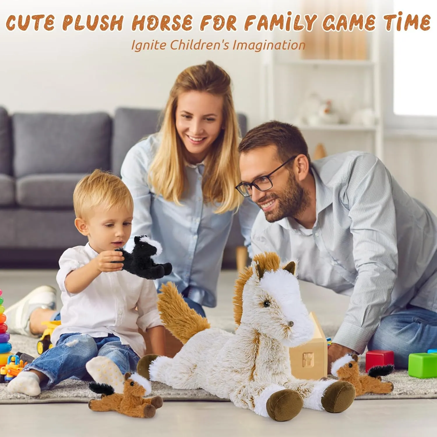 Tezituor 4Pcs Horse Stuffed Animal Set, 21inch Large Stuffed Mommy Horse with 4 Babies Pony Toys, Brown Stuffed Pony Plush Pillow Birthday Gift for Boys Girls