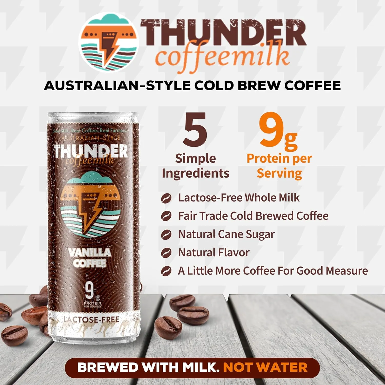 Thunder Coffeemilk - 11 oz Aussie Style Cold-Brewed Canned Coffee (Latte), Convenient Coffee Can for Grab & Go, Natural Protein-Rich Cold Brewed Coffee in Handy Cold Brew Cans, Vanilla, 12 pack