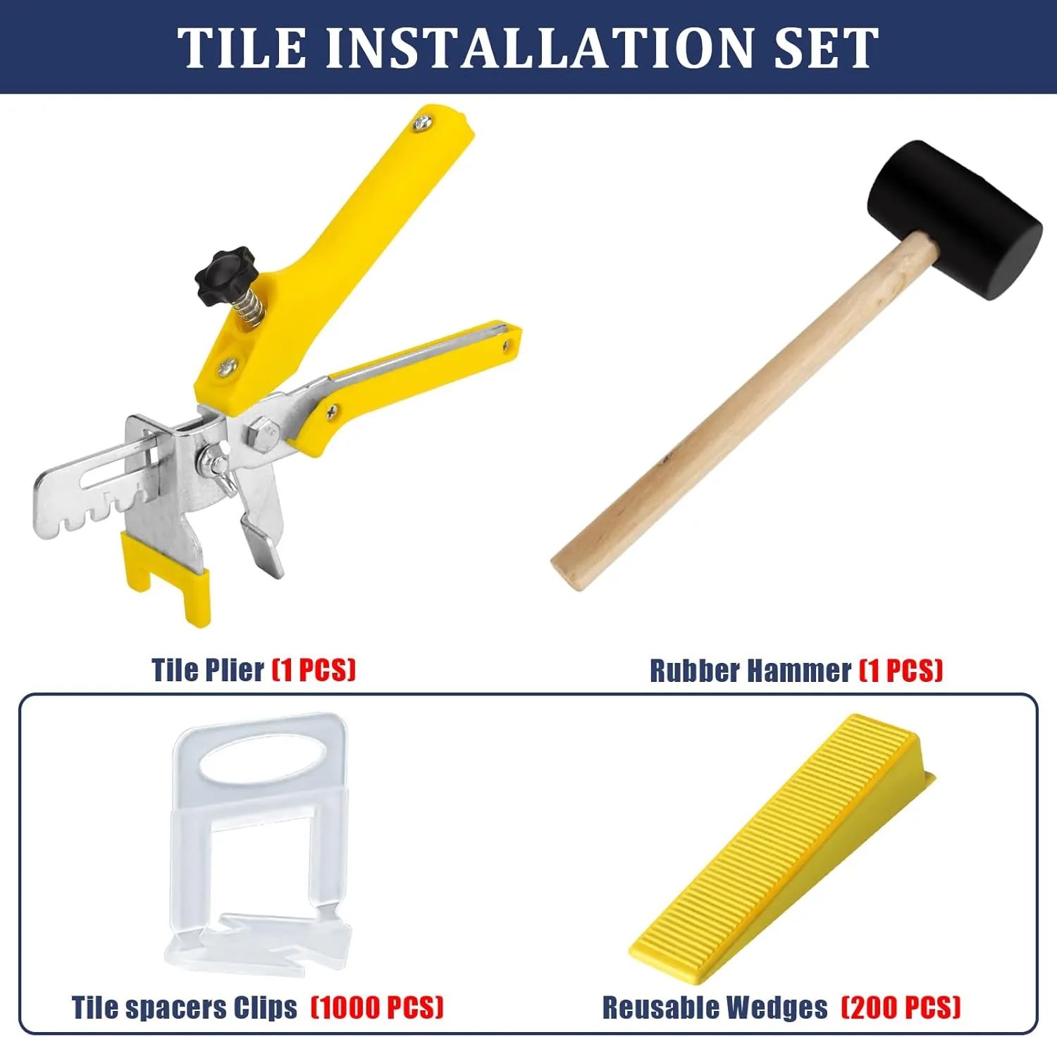 Tile Leveling System with Tile Plier and Rubber Mallet, 1000 Piece Tile Spacers Clips and 200 Piece Reusable Wedges, Tile Leveler Tool Set for Tile and Stone Installation (1/8 Inch)
