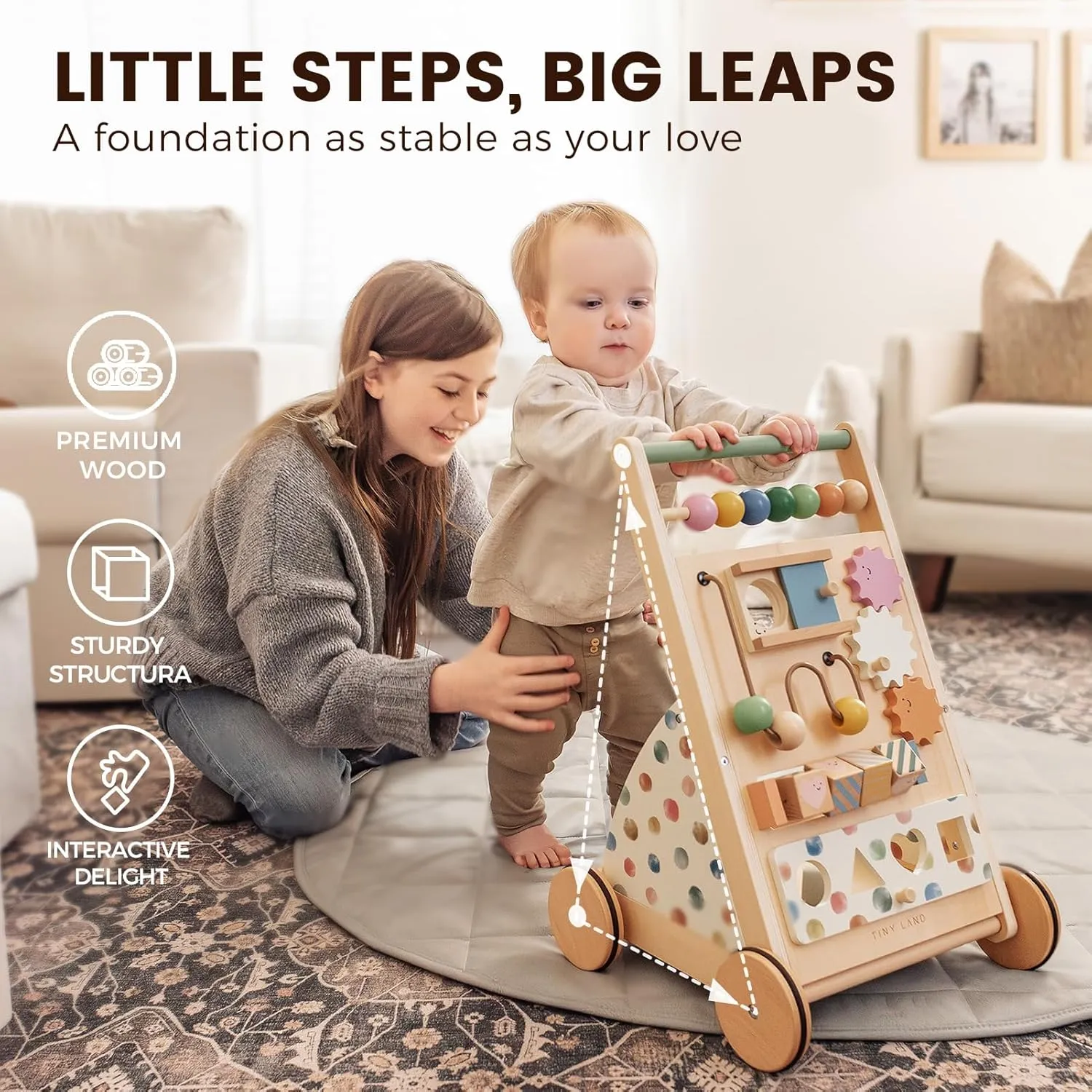 Tiny Land Wooden Baby Walker, Baby Push Walker, Montessori Walker Toy, Adjustable Speed Baby Walker for Boys and Girls, Baby Activity Center, Push Toys for Kids Development