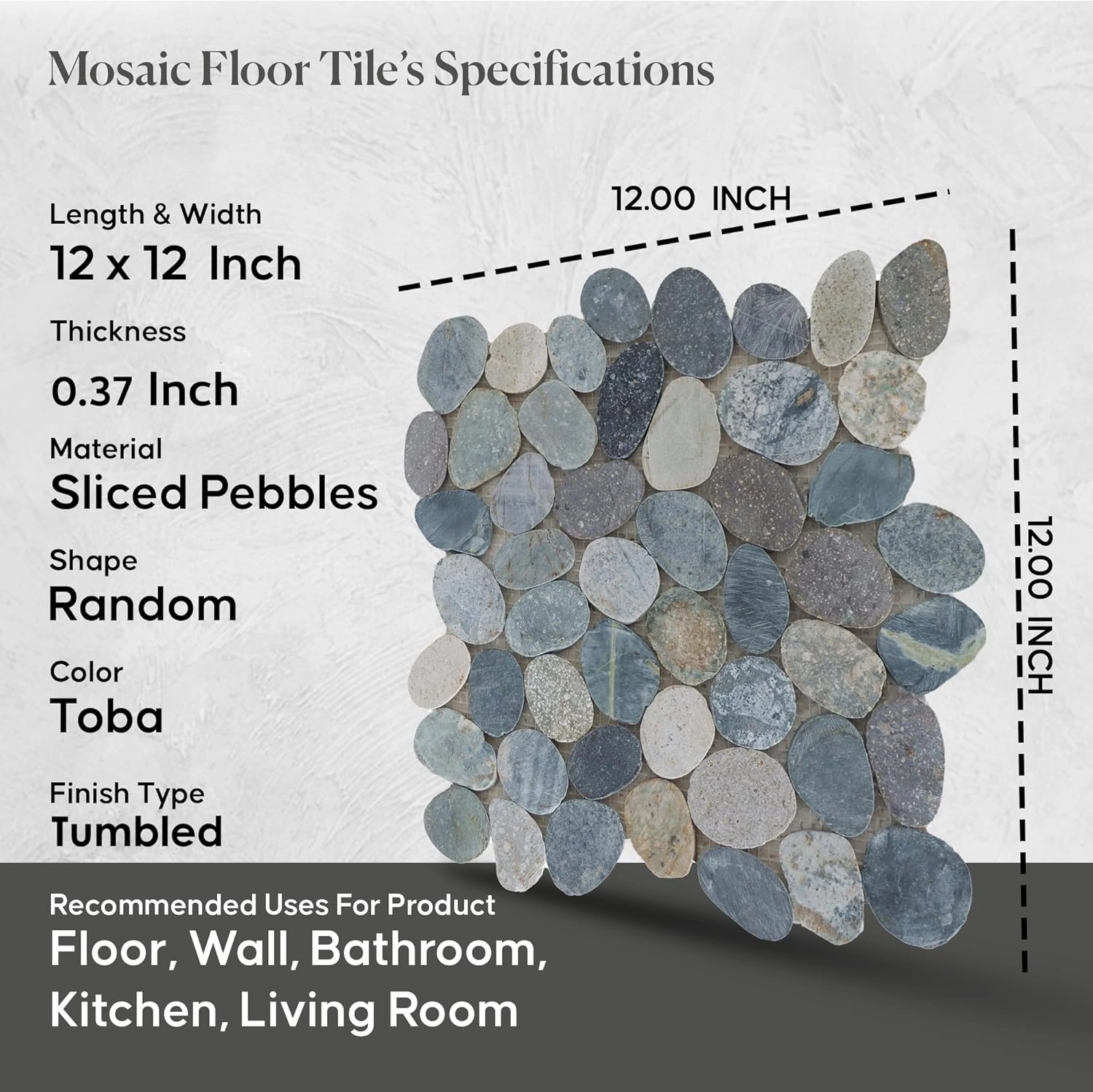 Toba Sliced Pebble Mosaic, Tumbled Stone Backsplash Tiles for Kitchen Walls, Shower and Bathroom Floors, and Outdoor Areas (12" X 12")