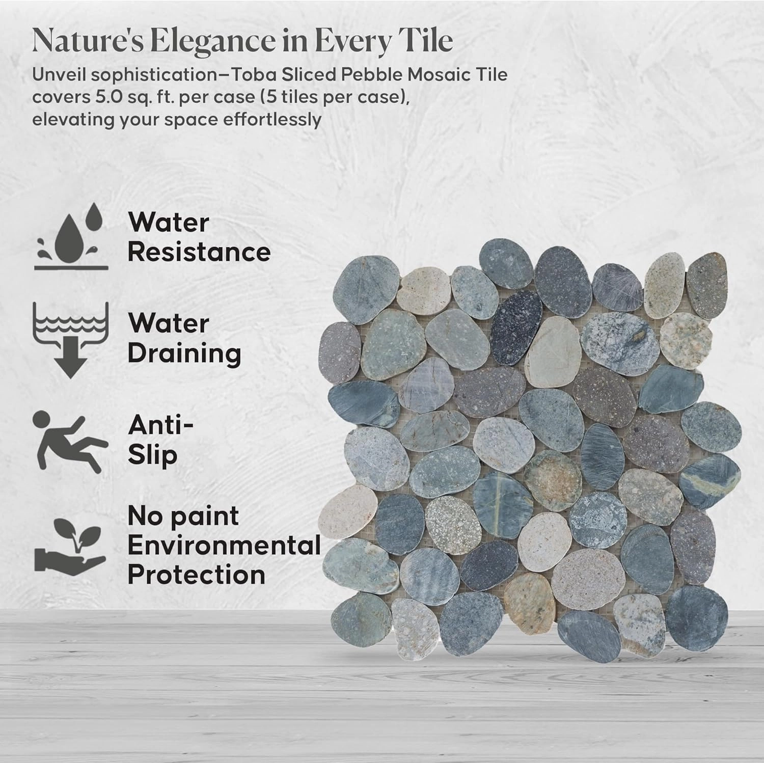 Toba Sliced Pebble Mosaic, Tumbled Stone Backsplash Tiles for Kitchen Walls, Shower and Bathroom Floors, and Outdoor Areas (12" X 12")