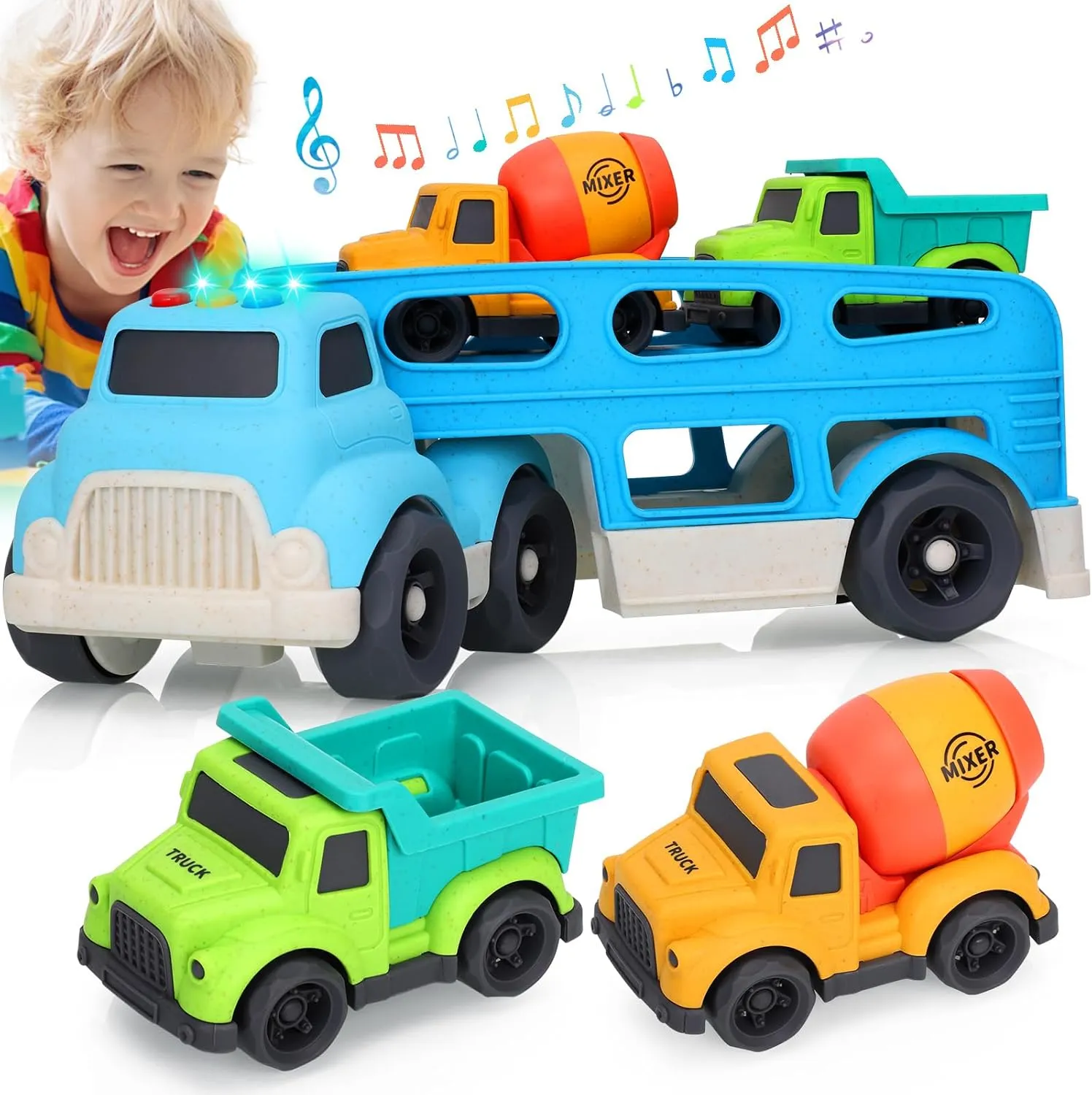Toddler Toys for 1 2 3 4 Year Old Boys, Wheat Straw Toy Cars, No BPA Dump Truck, Mixer Cement, 3 in 1 Transport Carrier Trucks for Toddlers 2-4, Music Light Learning Toy, Easter Birthday Gift for Kids